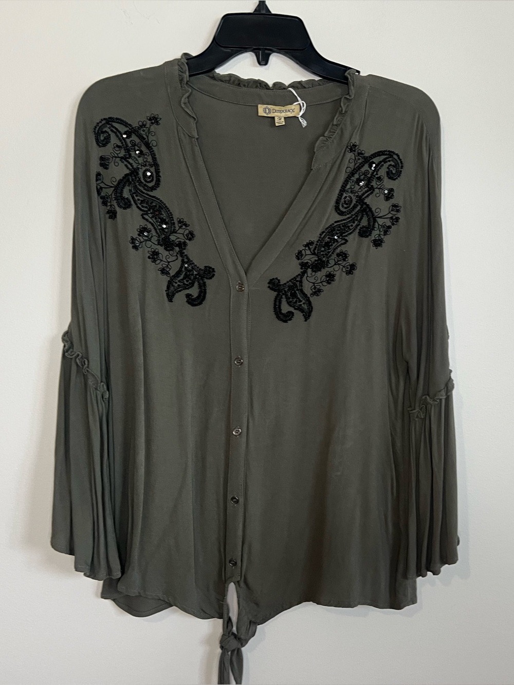 Democracy Olive Green Button-Front Top with Black Sequin Embellishment